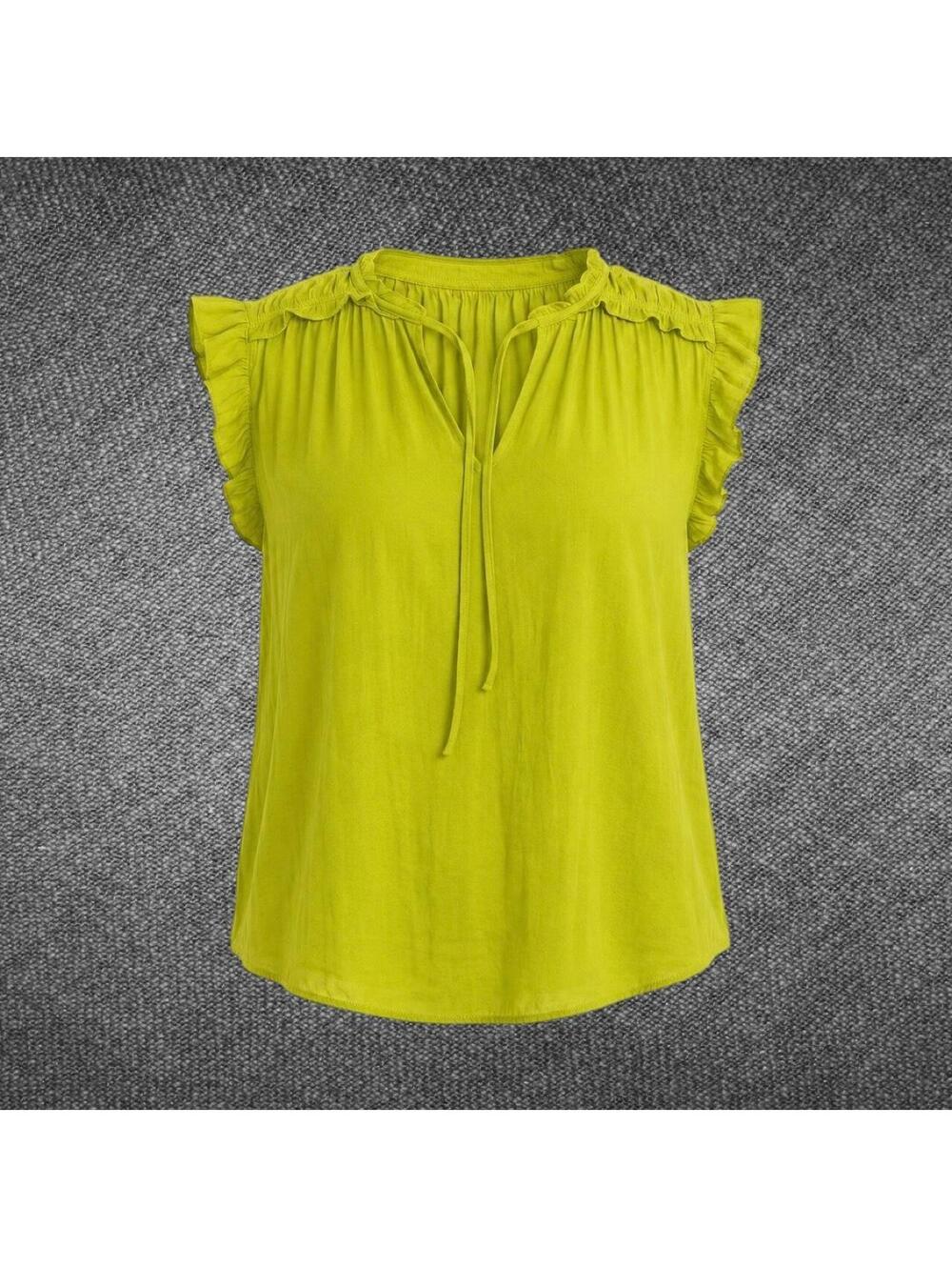 JNY Jones New York XS Chartreuse Ruffle Tie Neck Sleeveless Blouse